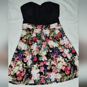 Strapless dress with black lace top and floral bottom
